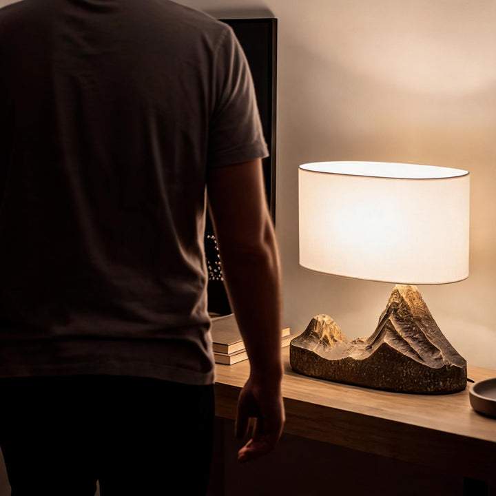 Modern Table Lamp with Bronze Finish and White Fabric Shade for Bedroom or Living Room Use