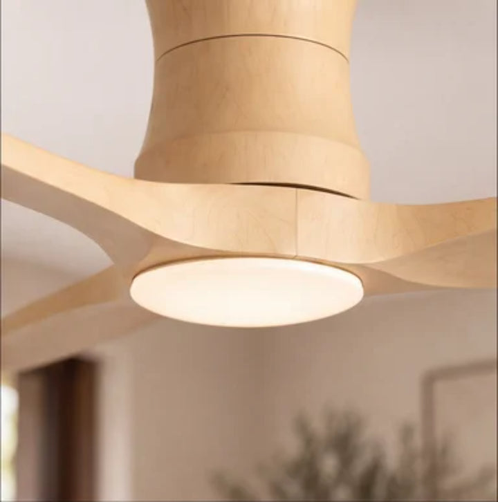 Modern Ceiling Fan Flush Mount Solid Wood Blades Integrated Dimmable LED Light Remote Control 52 Inch