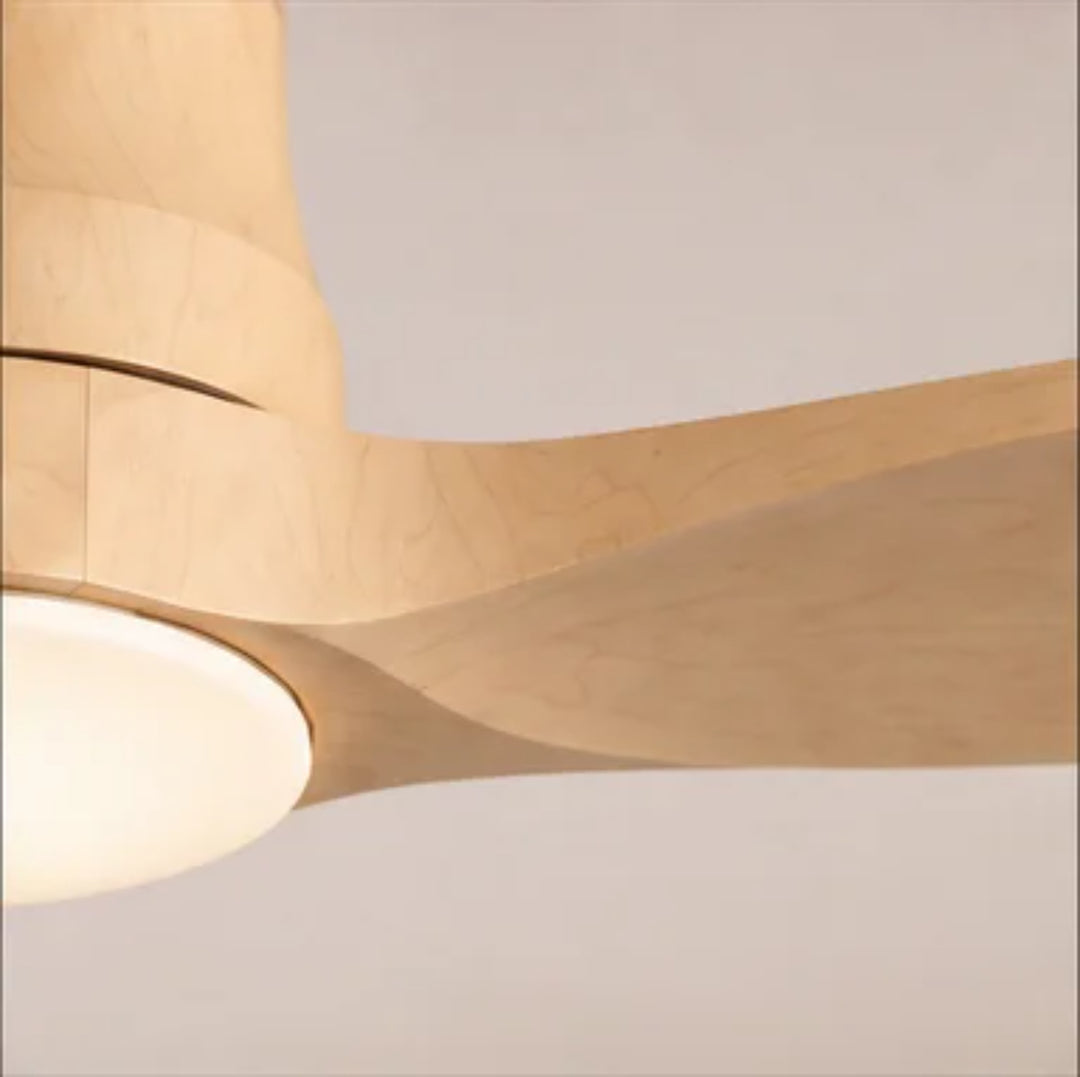 Modern Ceiling Fan Flush Mount Solid Wood Blades Integrated Dimmable LED Light Remote Control 52 Inch