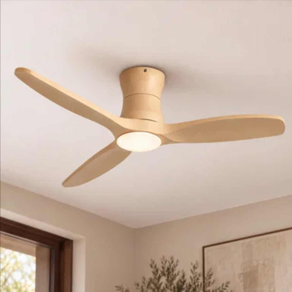Modern Ceiling Fan Flush Mount Solid Wood Blades Integrated Dimmable LED Light Remote Control 52 Inch
