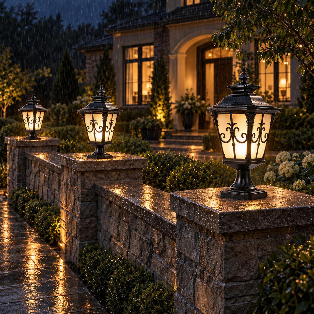 Victorian Outdoor Pillar Light Solar or Hardwired Die-Cast Aluminum Glass IP65