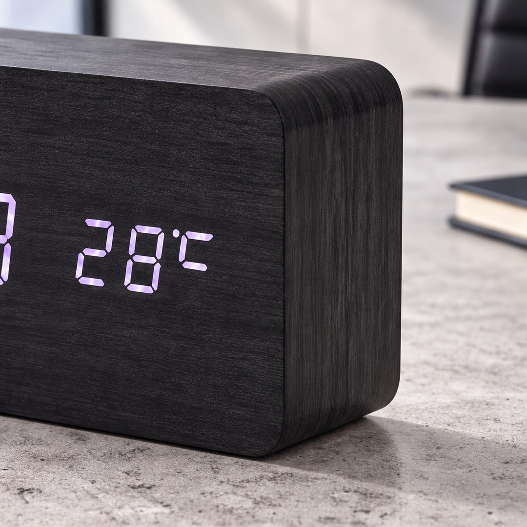 Modern Wood Digital Alarm Clock with Adjustable Brightness LED Display for Time and Temperature