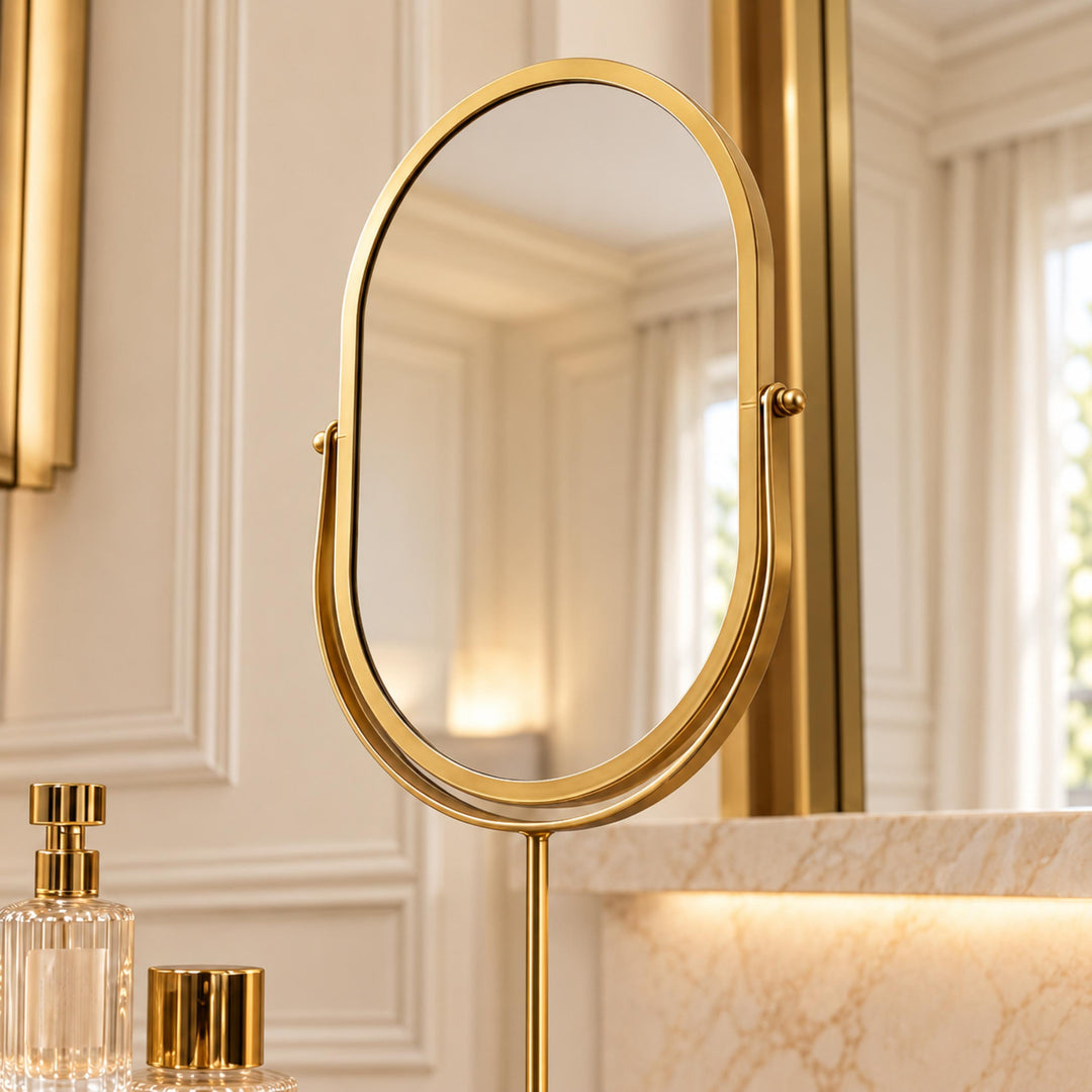 Modern Oval Vanity Mirror with 360° Rotating Wrought Iron Frame and HD Glass Surface