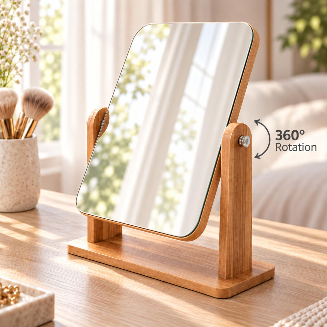 Modern Makeup Mirror Wooden Vanity Mirror 360° Rotating Compact Design for Countertop Use