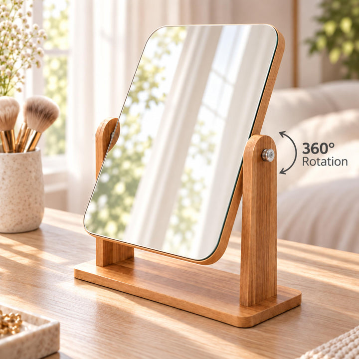 Modern Makeup Mirror Wooden Vanity Mirror 360° Rotating Compact Design for Countertop Use
