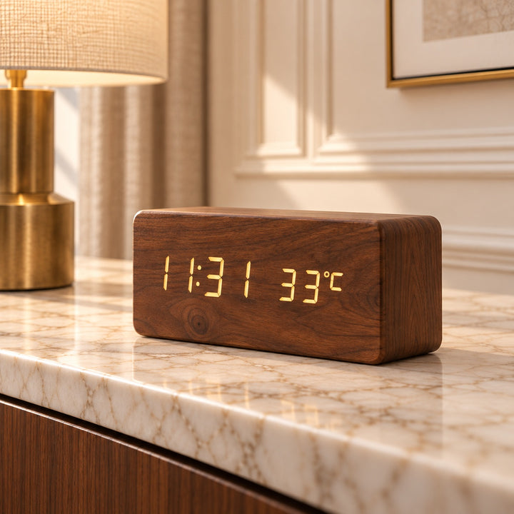 Modern Wood Digital Alarm Clock with Adjustable Brightness LED Display for Time and Temperature