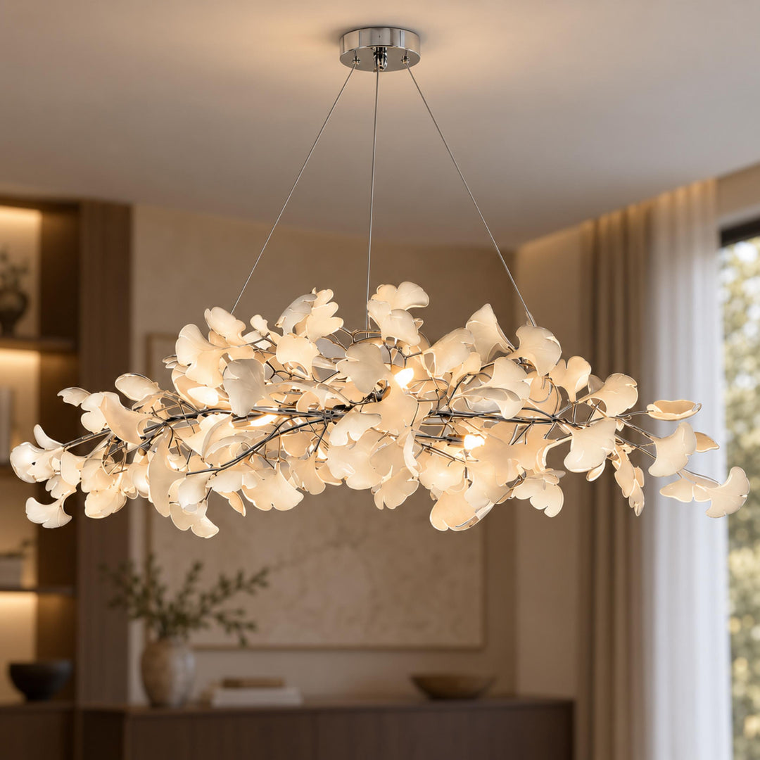 Modern Chandelier Light Ceiling-Mounted Metal Frame with Adjustable LED Ginkgo Leaf Design
