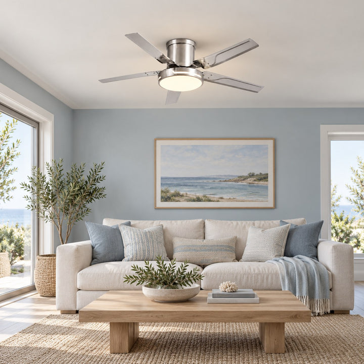 Modern Ceiling Fan with Lights Flush Mount Iron Frame 48W LED Dimmable 6-Speed DC Motor